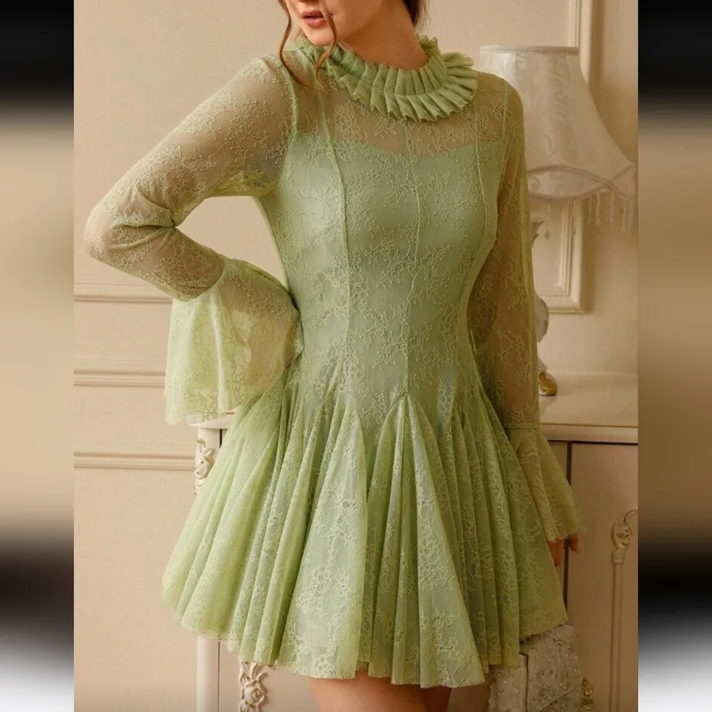 Green Crochet Lace Ruffle Trim Pleated Bodice Flared Skirt Waist Cinched Party D - Picture 3 of 4